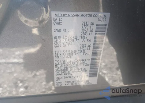 2020 Nissan Rogue Sl Intelligent Awd z USA, uszkodzony, nr VIN 5N1AT2MV9LC747382